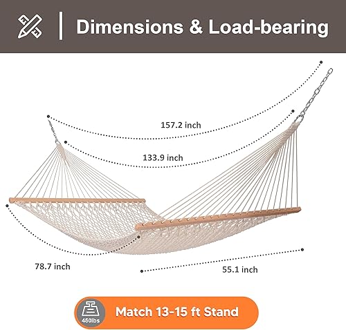 Miniatura 2 de SUNCREAT Hammocks - Hamaca doble de cuerda tradicional con barra esparcidora de madera dura y bolsa de transporte, capacidad de 450 libras, natural