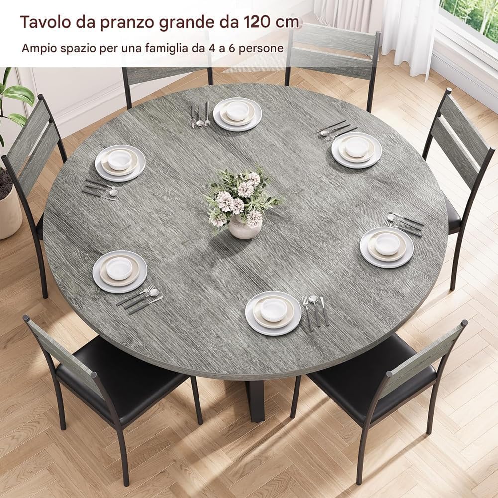 Shally Dogan Tavolo Rotondo per Sala da Pranzo e Cucina Diametro 120cm, Gambe in Metallo con Ripiano Portaoggetti Inferiore e Piano in Legno, Ideale per Casa e Ufficio, Grigio