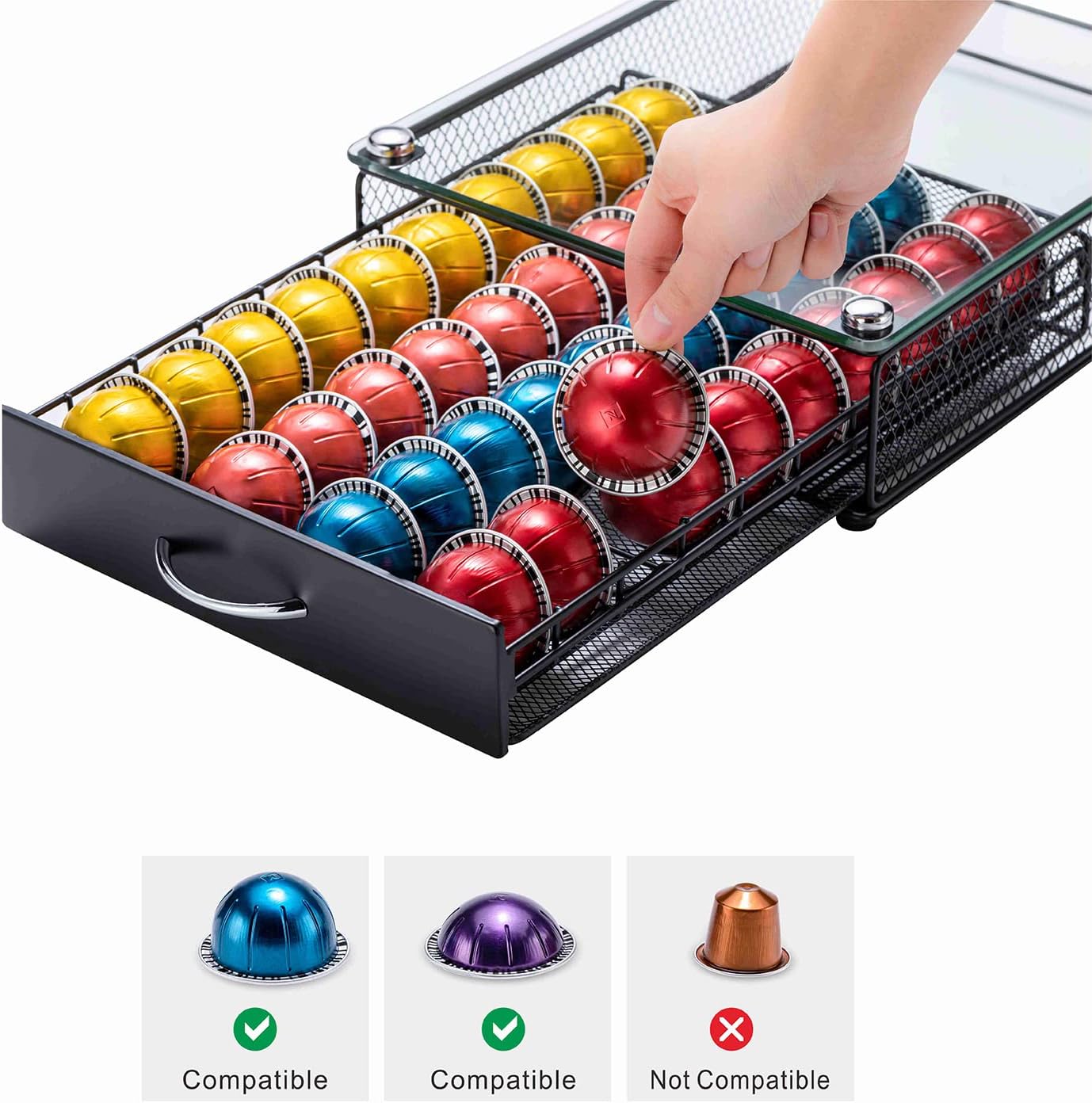 ZCDCP Coffee Pod Holder, Coffee Pod Holder Drawer Glass Top Coffee Pod Organizer Storage with 40 Pods