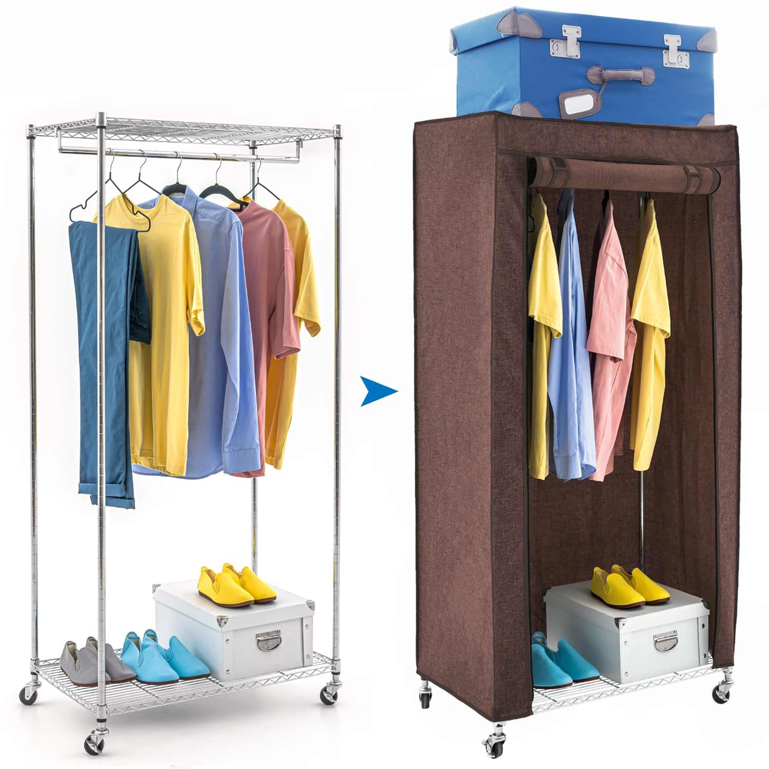 art moon Buffalo – Armoire Pliable Résistante avec roulettes, Jusqu'à 70kg, Portant avec Housse, Armoire en Tissu avec Étagères et Barre, 75x45x157cm