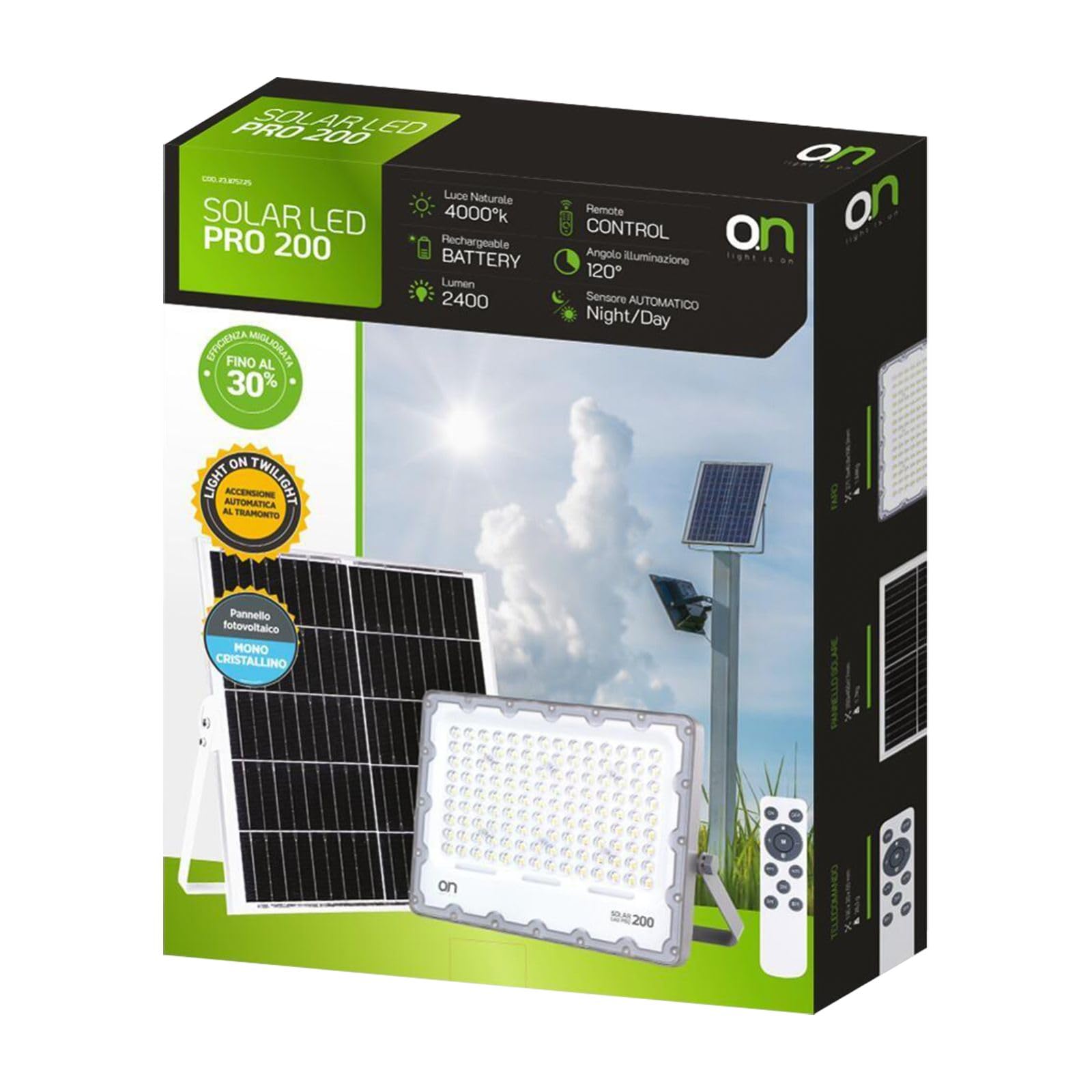 O.N Faretto solare da esterno con luce fredda, faro led con pannello solare e sensore per accensione automatica, lampada led da parete con fotovoltaico 4000K 2400lm