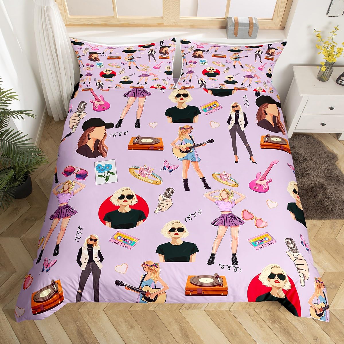 richhome Music Bedding Set Double Size Girls Singer Comforter Cover Gifts for Women Music Lovers Girly Guitar Duvet Cover Coworker Sister Friends Bed Set Purple Room Decor
