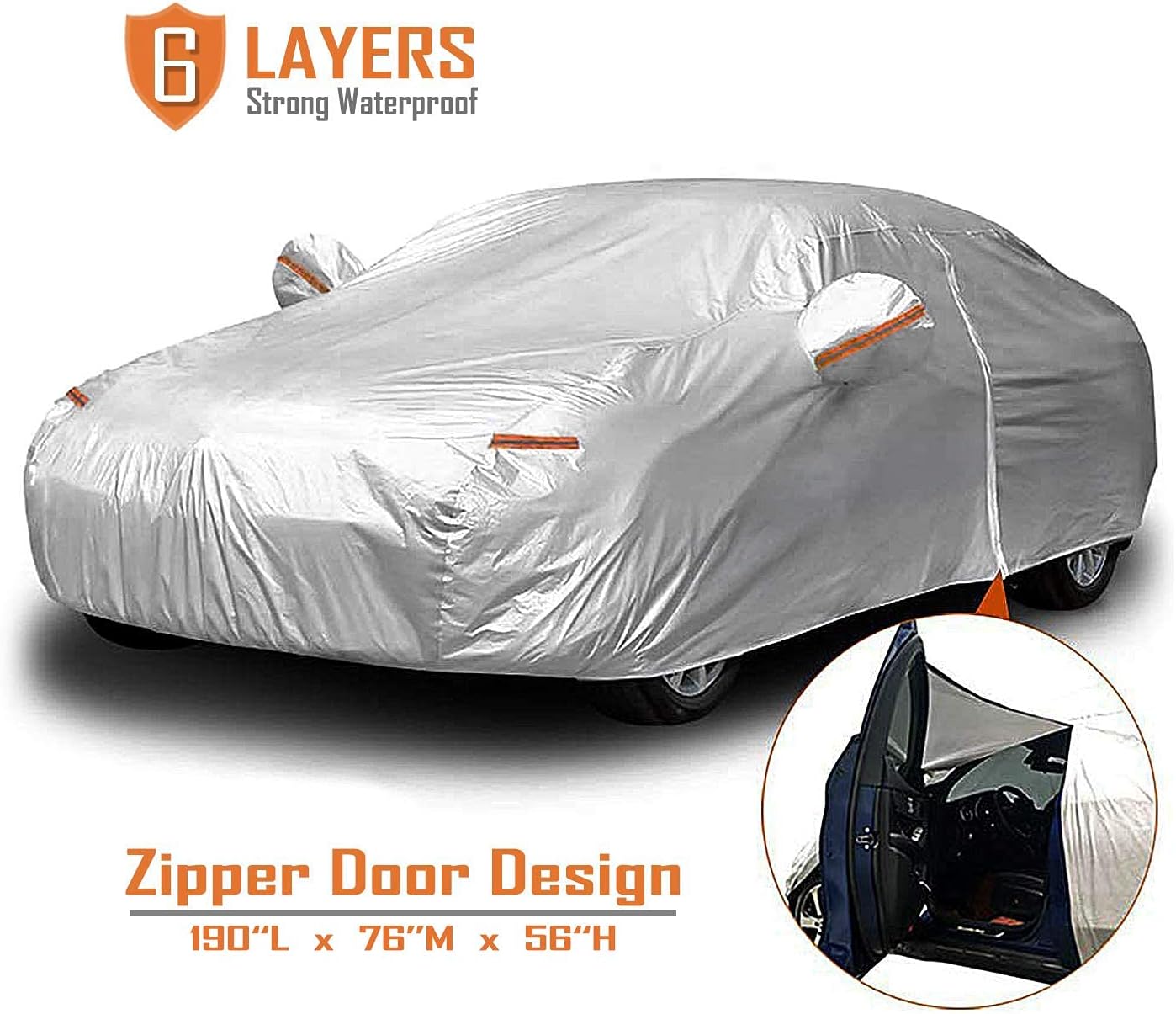 Car Cover, Universal Full Car Covers with Zipper Door, 6 Layers All Weather Protection Waterproof/Windproof/Scratch Resistant/Reflective Strips for Sedan Wagon Use (186" - 190")