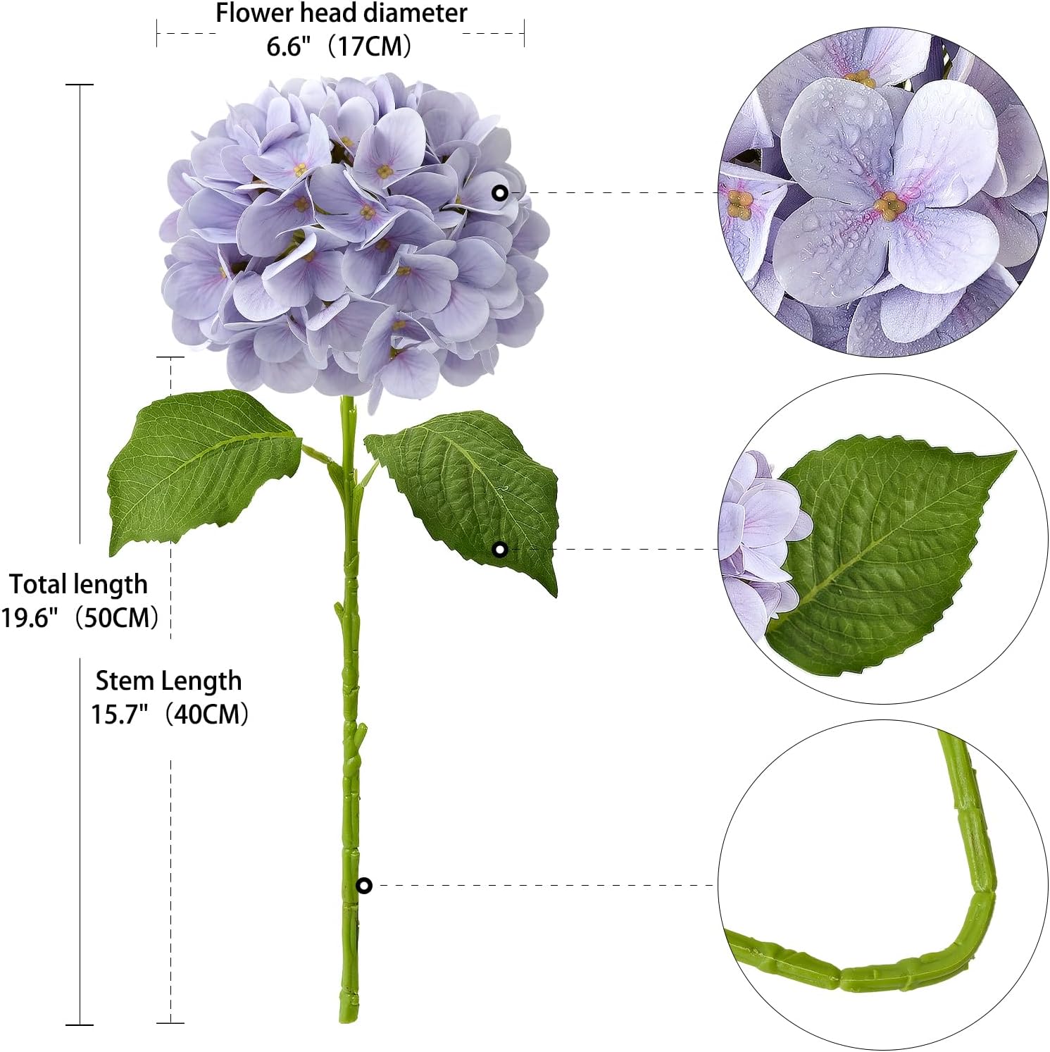 Pale Purple Hydrangea Artificial Flowers, 19.6" 4PCS Fake Real Touch Large Faux Hydrangea Silk Bouquet with Green Stems Leaves Plant Outdoor Indoor Family Table Office Decoration - Image 3