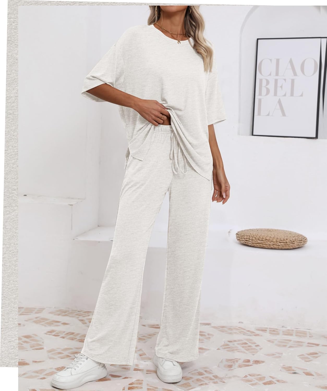 Womens Lounge Set 2026 Summer 2 Piece Outfits Oversized Short Sleeve Tops & Wide Leg Pant Matching Sets Clothing