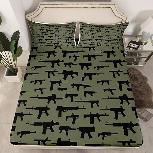 Erosebridal Juego de sábanas bajeras de ametralladoras para niños, adolescentes y hombres, juego de ropa de cama con temática militar, sábanas de