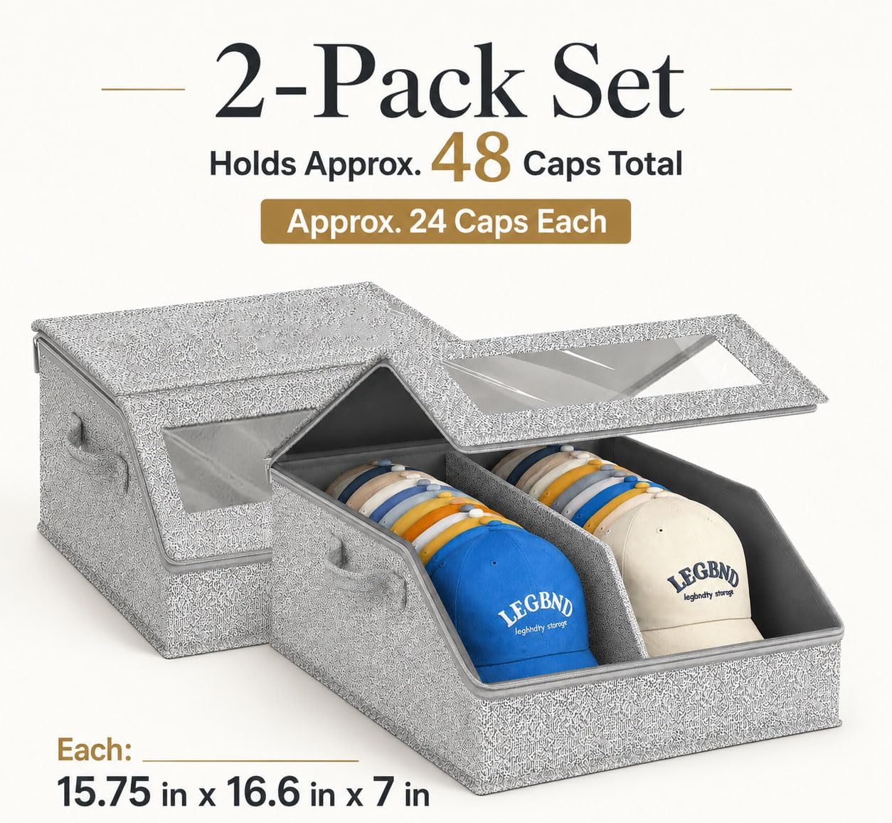 Vervex 2 Pack Enlarged version Hat Storage Boxes for Baseball Caps Holds 48 Caps, Reinforced PP Board Organizer with Clear Window, Foldable Closet Cap Organizer with Zipper Closure and Handles, Gray