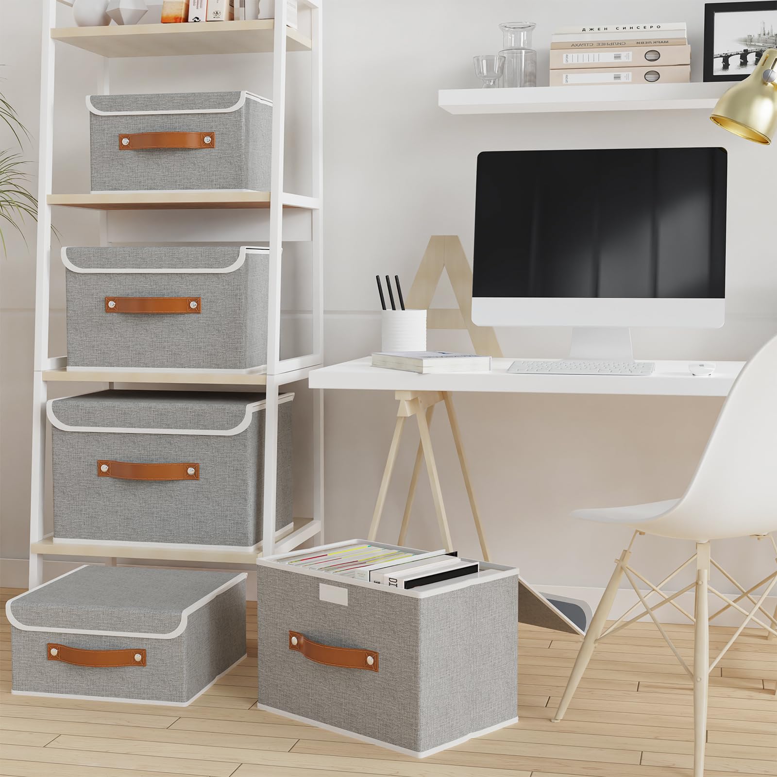 OUTBROS 2 Pack Scatole Portaoggetti, 44x29x30cm Cubi Pieghevole, Grigio | Scatole portaoggetti in tessuto resistente per armadio, Cassettiera per armadio con coperchio antipolvere per vestiti