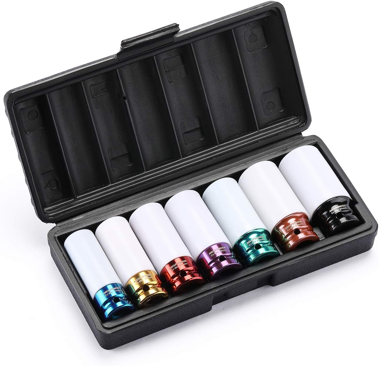 MIXPOWER 1/2" Drive Wheel Protector Impact Socket, 7pcs Thin Wall Deep Impact Socket Set, Durable Plastic Sleeve Lug Nut Socket, 6 Point, Metric, Color-Coded, 17mm, 19mm, 21mm, 22mm, 23mm, 24mm,27mm - Image 8