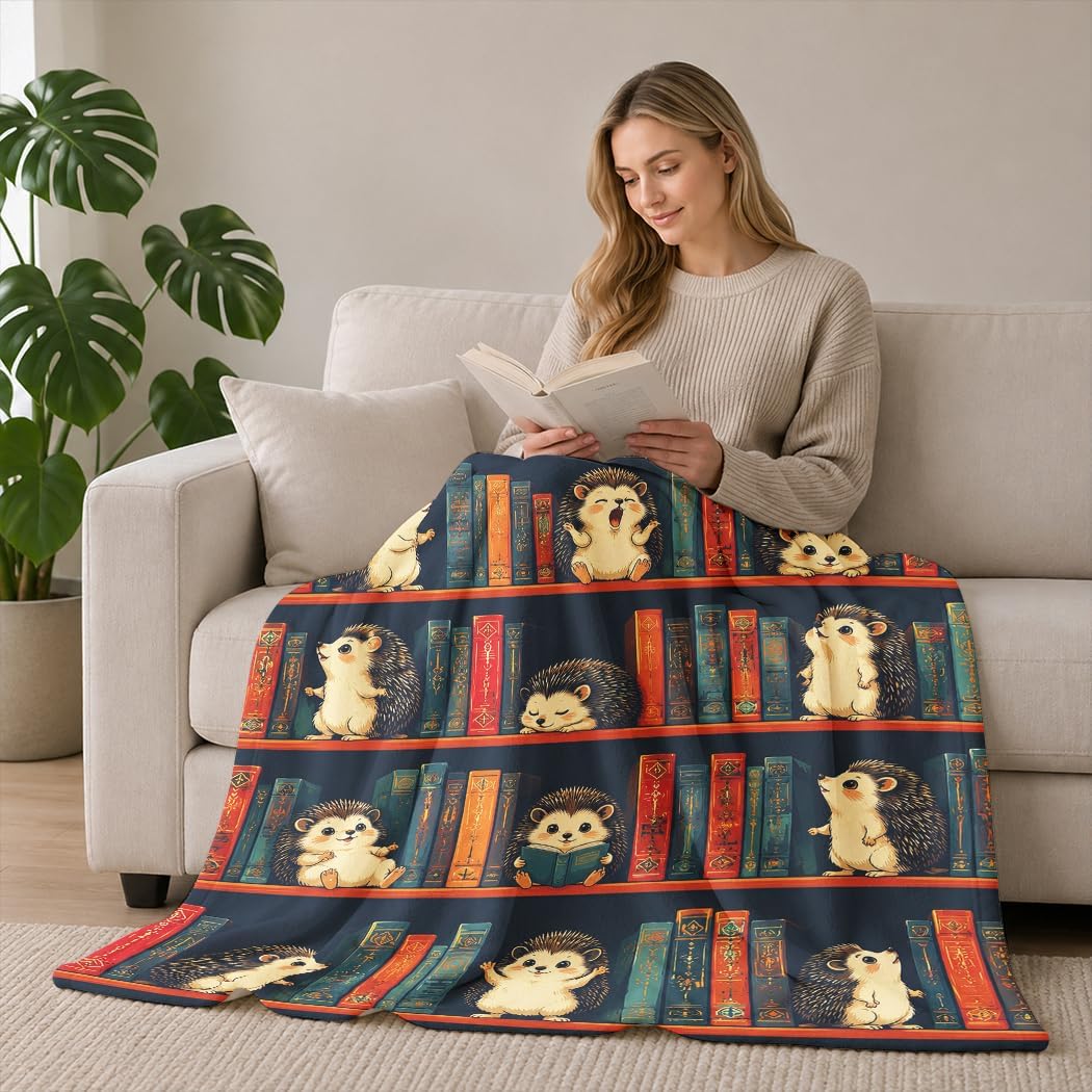 Bookshelf Cute Hedgehogs Print Throw Blanket, Gifts for Reading Lovers, Ultra Soft Cozy Lightweight Flannel Blanket for Men Women, Bedroom Dorm Office Home Decor, 50"x60" image 3