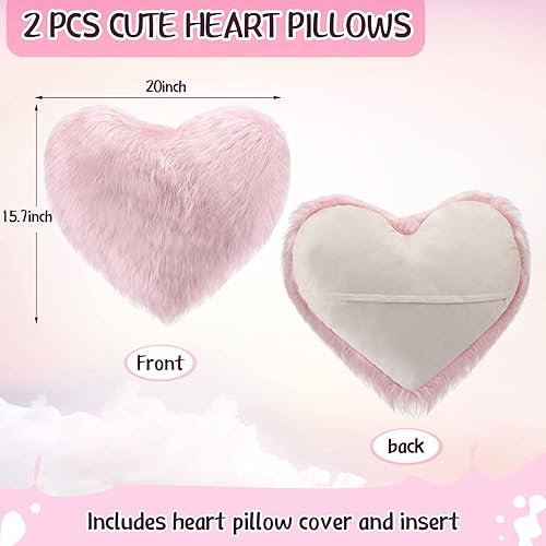 Miniatura 4 de Enhon 2 almohadas esponjosas de corazón de piel sintética en forma de corazón, almohadas de felpa suaves de 20 x 15.7 pulgadas, almohadas con