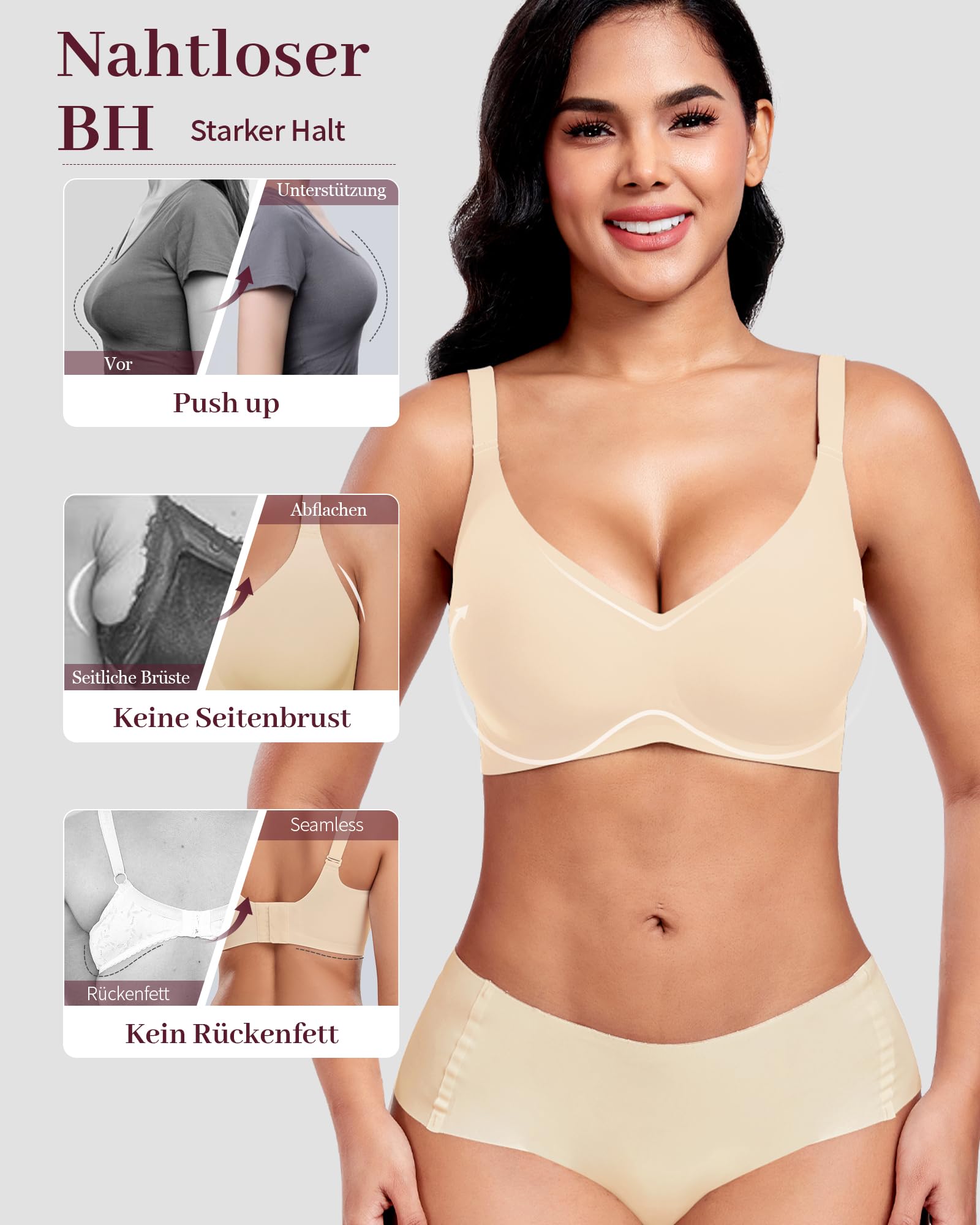 Vinfact Nahtloser BH Damen Ohne Bügel Push up BH Damen Große Brüste Starker Halt V-Ausschnitt Bügelloser Seamless Bequem T Shirt Schlaf BH Gepolstert Bralette