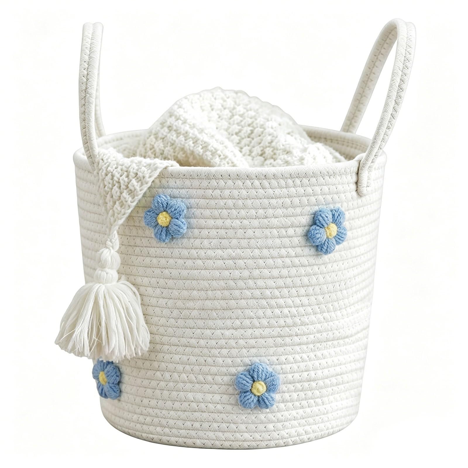 Cotton Rope Toy Storage Baskets with Blue Crochet Flowers
