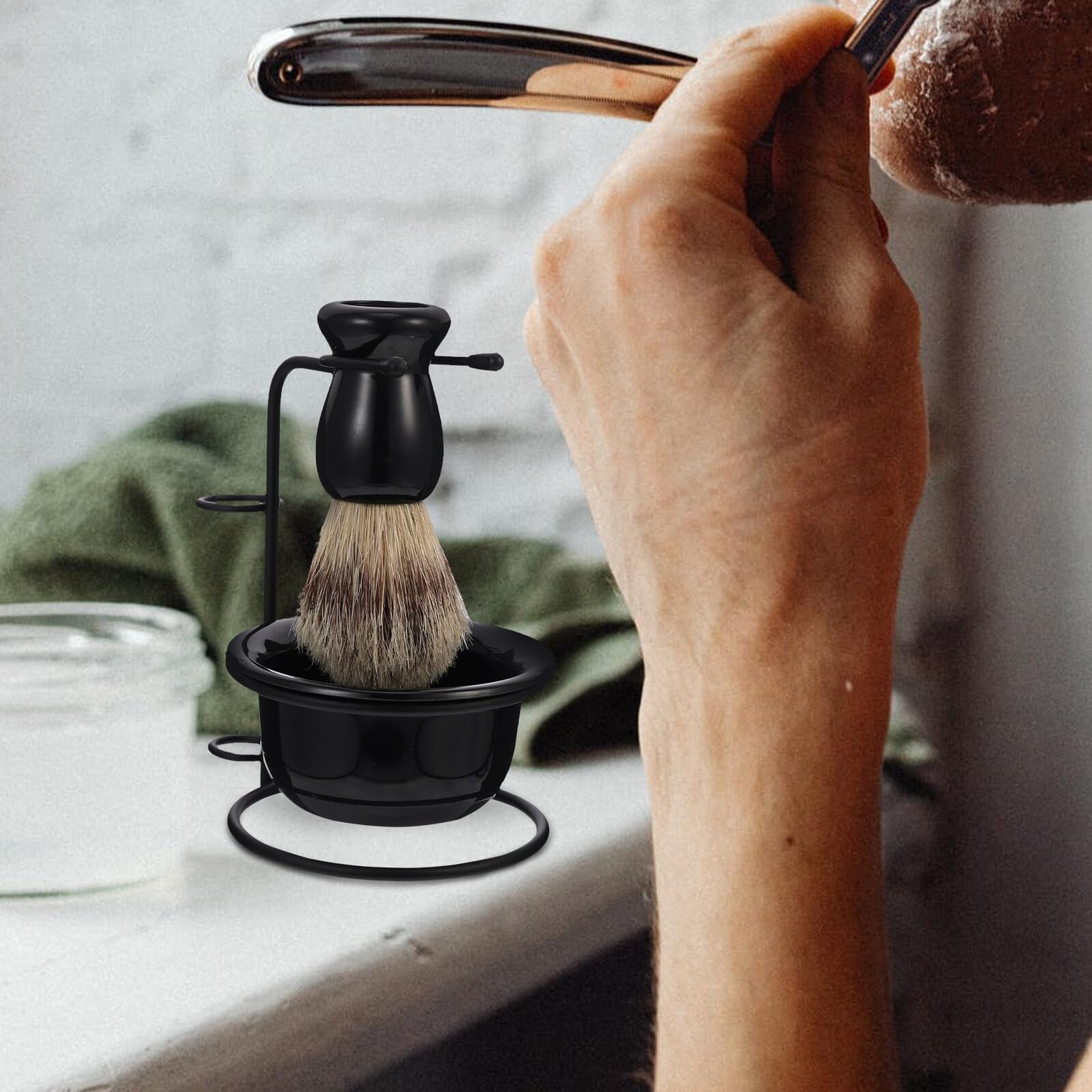 Kit Cuidado de Barba para Hombre Brocha de Afeitar Negra y Cuenco Profesional, Acero Inoxidable y Abs, Diseño Retro, y Fácil de Transportar