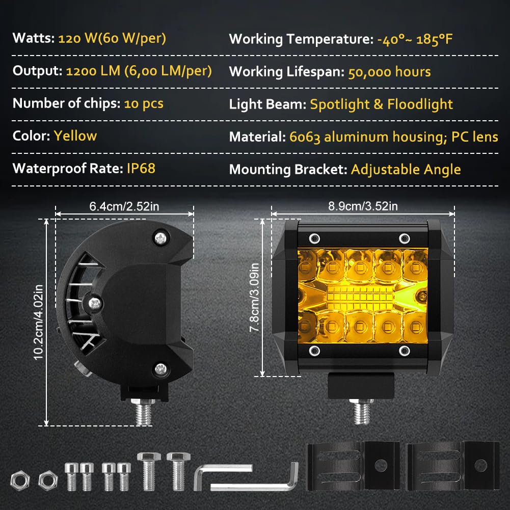 Faro da Lavoro 2 pezzi 12V 120W 1200LM Proiettore LED Lampada da Lavoro 10 cm 6000K Luce Gialla Barra LED per Auto Camion Trattore Quad Veicolo Barca