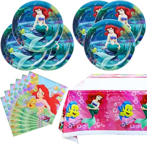 Juego de vajilla de sirenita platos de papel con temática de sirena mantel para 20 invitados regalos de fiesta de cumpleaños de princesa Ariel