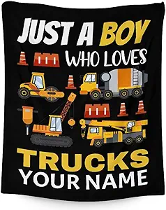 Personalized Construction Truck Blanket Gifts with Name - 30x40 Inches Funny Throw Blanket for Boys - Black Soft Fuzzy Excavator Blankets for Couch & Office