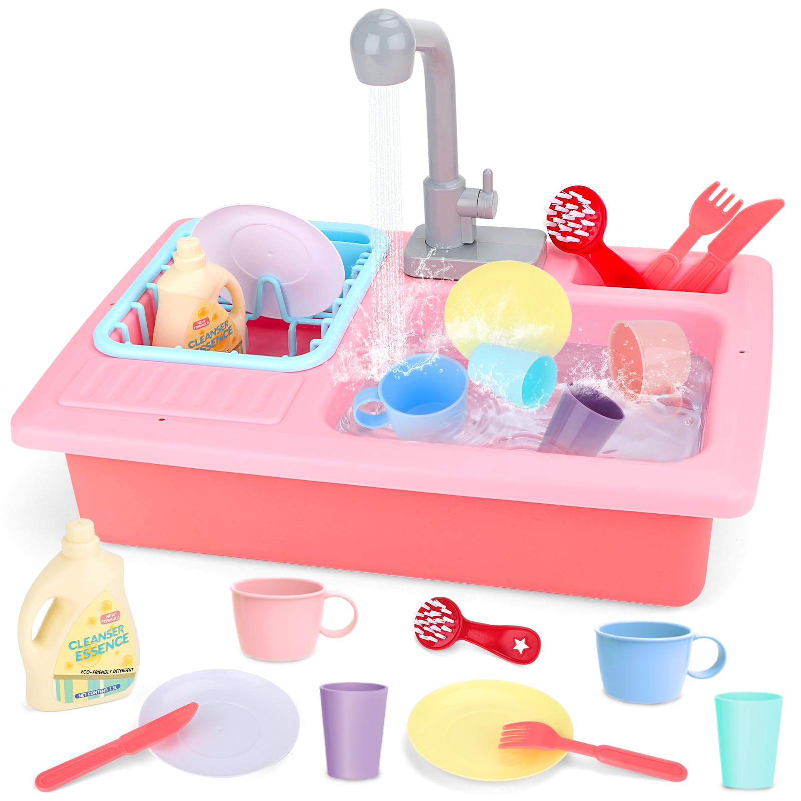 deAO Kinderspielset Pretend Kitchen Sink mit simuliertem Wasserhahn und enthaltenem Küchenzubehör - Rot