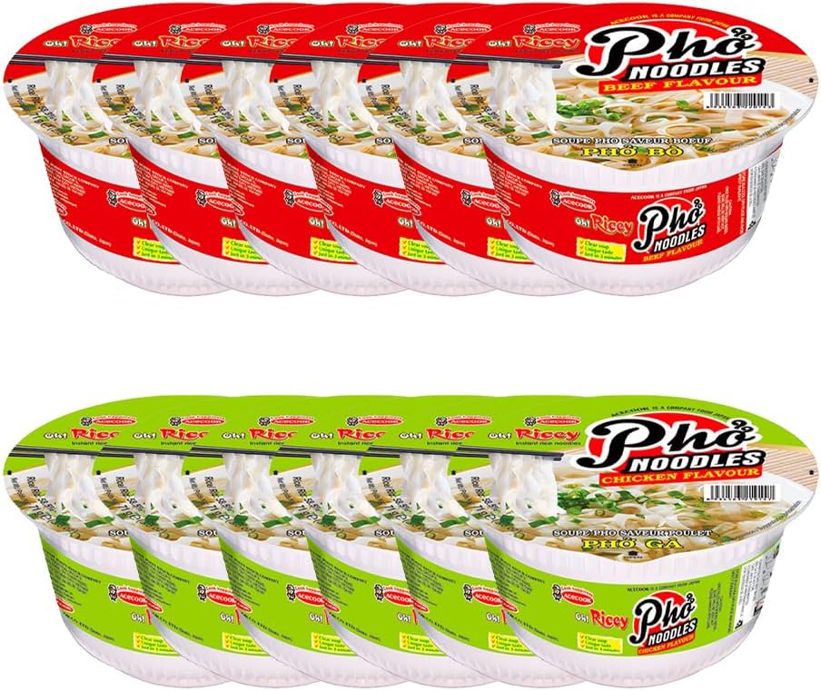 Instant Rice Noodle Pho Bowls 71g (Assorted 2 Flavours, Pack of 12) – Quick Vietnamese-Style Rice Noodles with Savoury Broth, Convenient Hot Meal