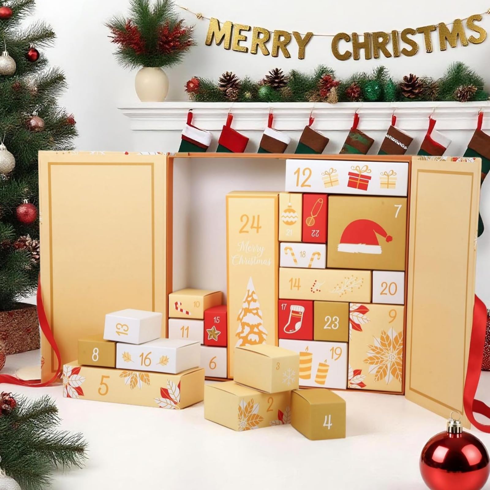 GWHOLE Calendrier de l'Avent de Noël 2025, compte à rebours de 24 jours, boîte cadeau rechargeable pour emballage cadeau, décoration de Noël (jaune)