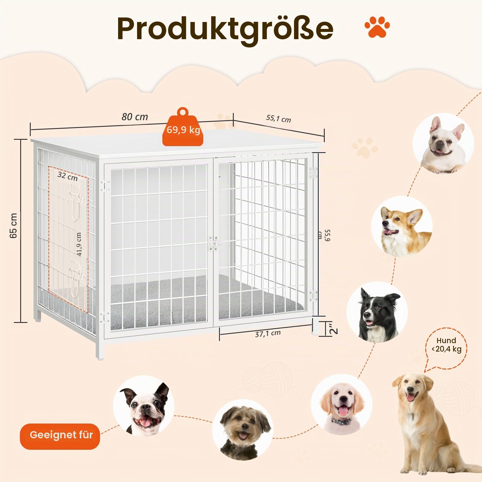 MAHANCRIS Hundekäfig Möbel, 80 cm Hundebox mit Kissen, 2 Tür, Doppeltür, Holzwerkstoff, für Kleine/Mittelgroße/Große Hunde, 80 x 55 x 65 cm, Hundekäfig für Zuhause, Weiß ADCBW0701