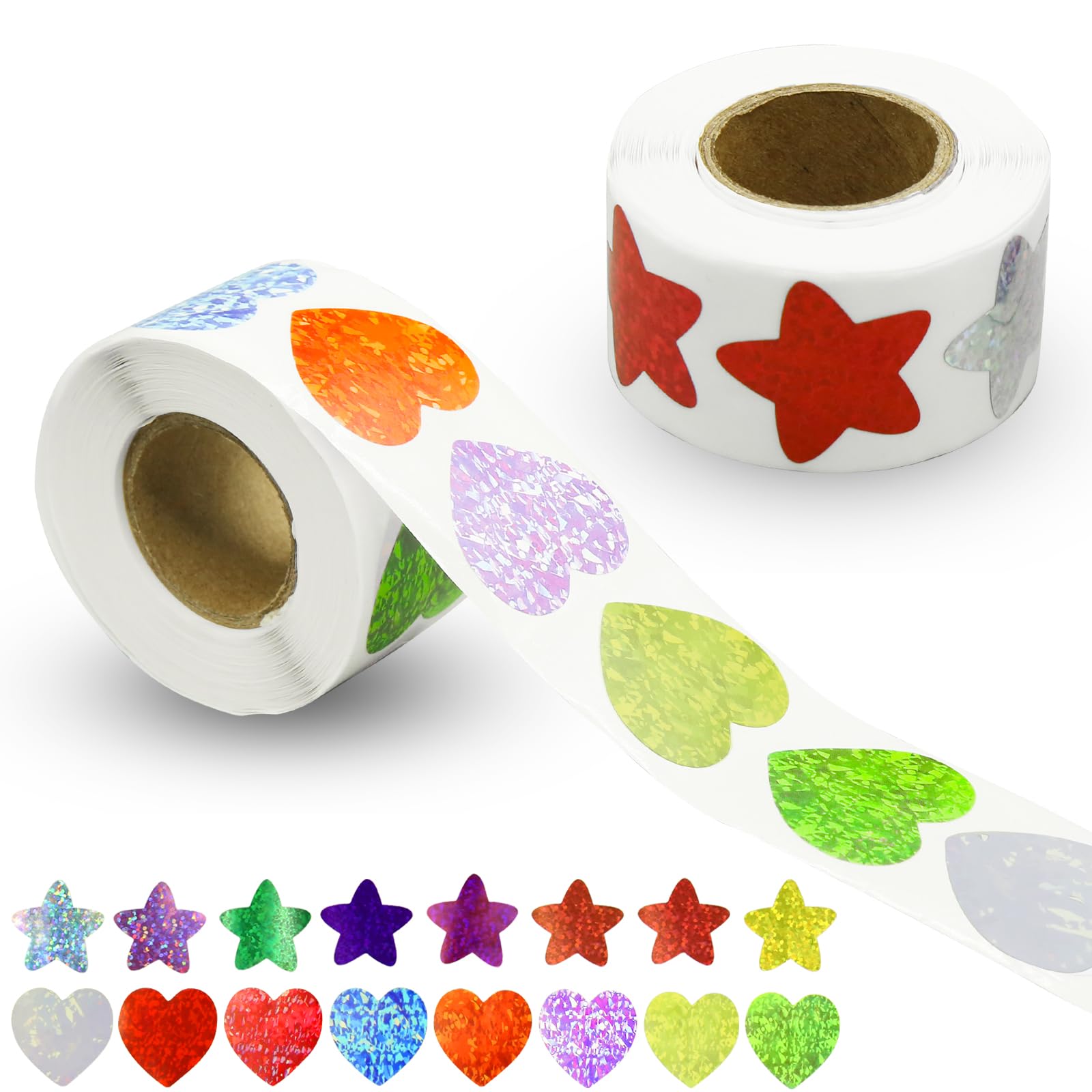 500 pegatinas de estrellas para recompensa de niños y 500 pegatinas de papel de aluminio en forma de corazón, pegatinas de estrellas autoadhesivas, rollo de pegatinas para niños