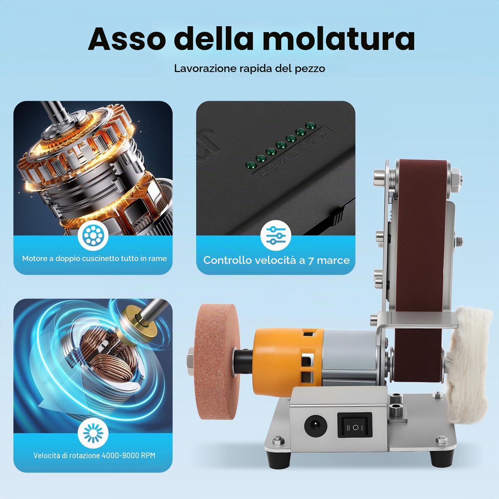 Mini levigatrice a nastro, smerigliatrice elettrica da tavolo a 7 marce, con disco per lucidatura e mola, levigatrice fai da te, con 20 nastri abrasivi per la lavorazione del legno