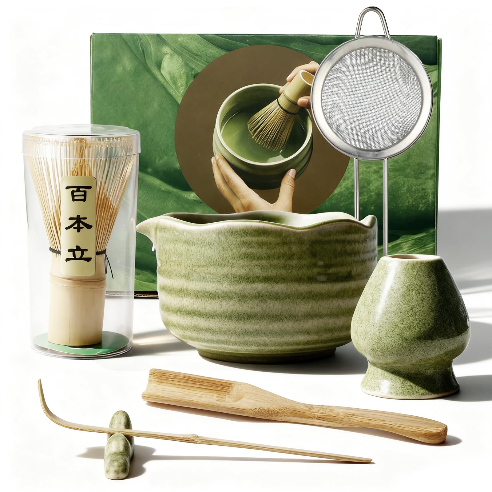 Matcha set – Matcha Kit de 6 piezas, incluye batidor de matcha, colador de acero inoxidable, cuenco para matcha, 2 cucharas de matcha y soporte de cerámica. Ideal para los amantes del matcha