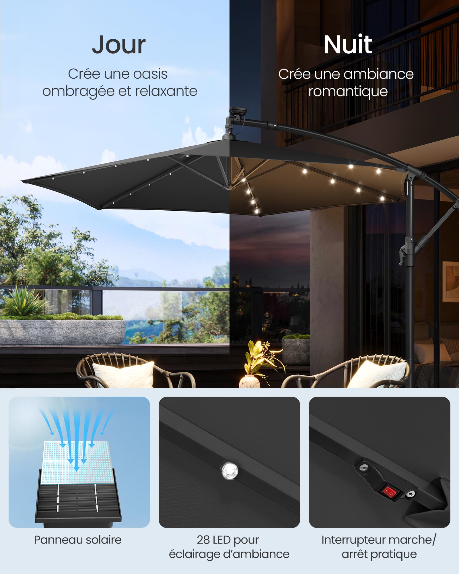 SONGMICS Parasol Déporté avec 32 LED, Socle en Croix, Ombrelle, Protection UPF 50+, Manivelle d'Ouverture et de Fermeture, Jardin, Terrasse, Piscine, Plage