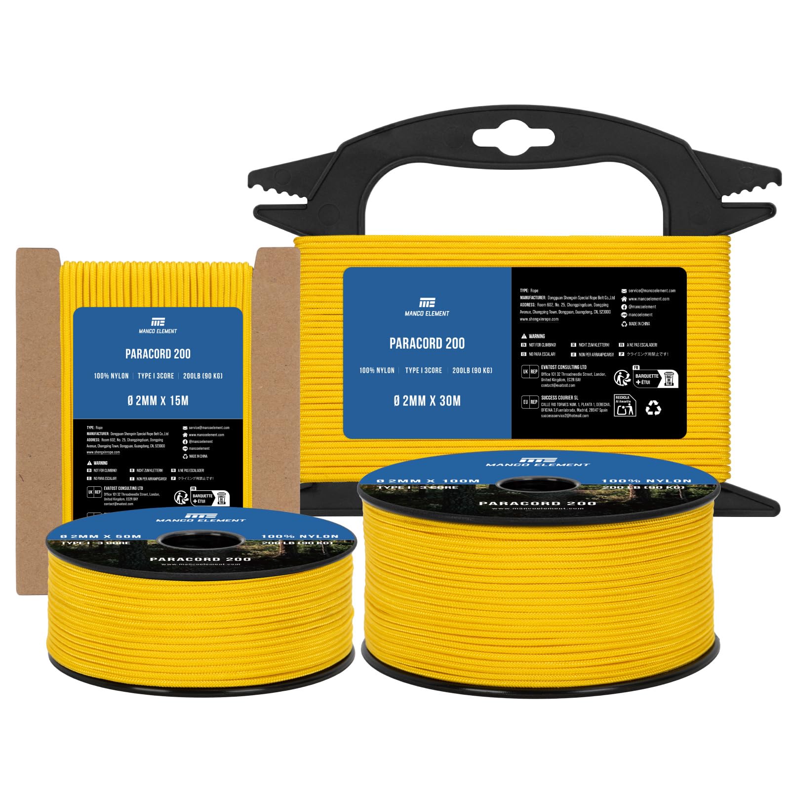 Manco Element Paracord 2mm 30m 3 Strands Type I Golden Yellow | 100% Nylon Parachute Cord Rope | 90KG Load Capacity - Ideal for DIY, Crafting, Outdoor, Camping