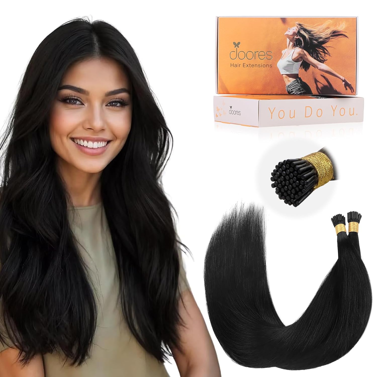 DOORES I Tip Hair Extensions Human Hair, 100s/100g 20 Inch Jet Black, I Tips Extensions Cold Fusion Remy Straight