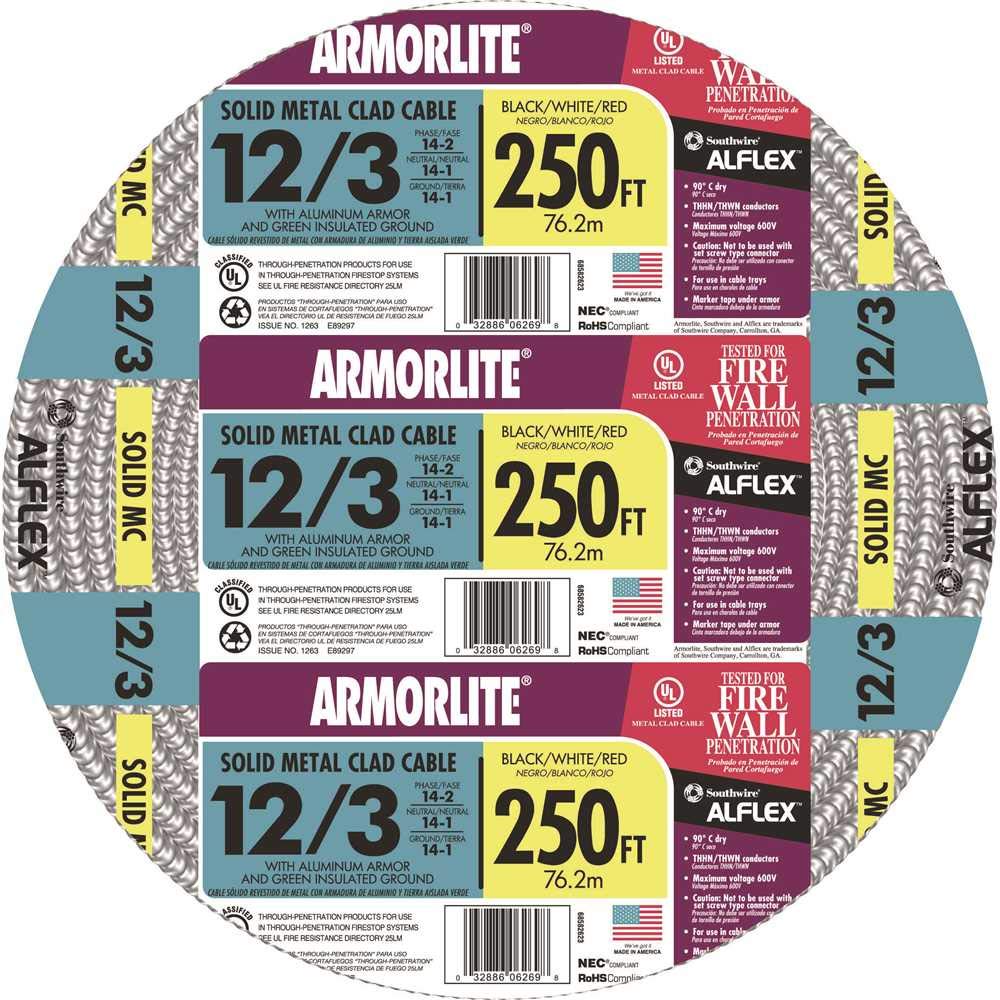 Armor lite Type Mc Aluminum Armored Cable, 12/3, 600 Volts, 250 Ft. Coil