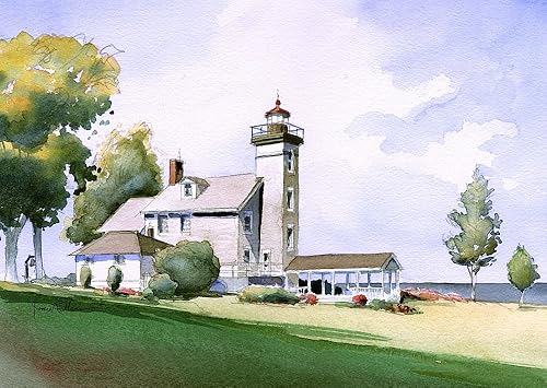 Sodus Bay Lighthouse, Sodus Point, Lake Ontario, Nueva York. Impresiones artísticas en acuarela mate (5 x 7)