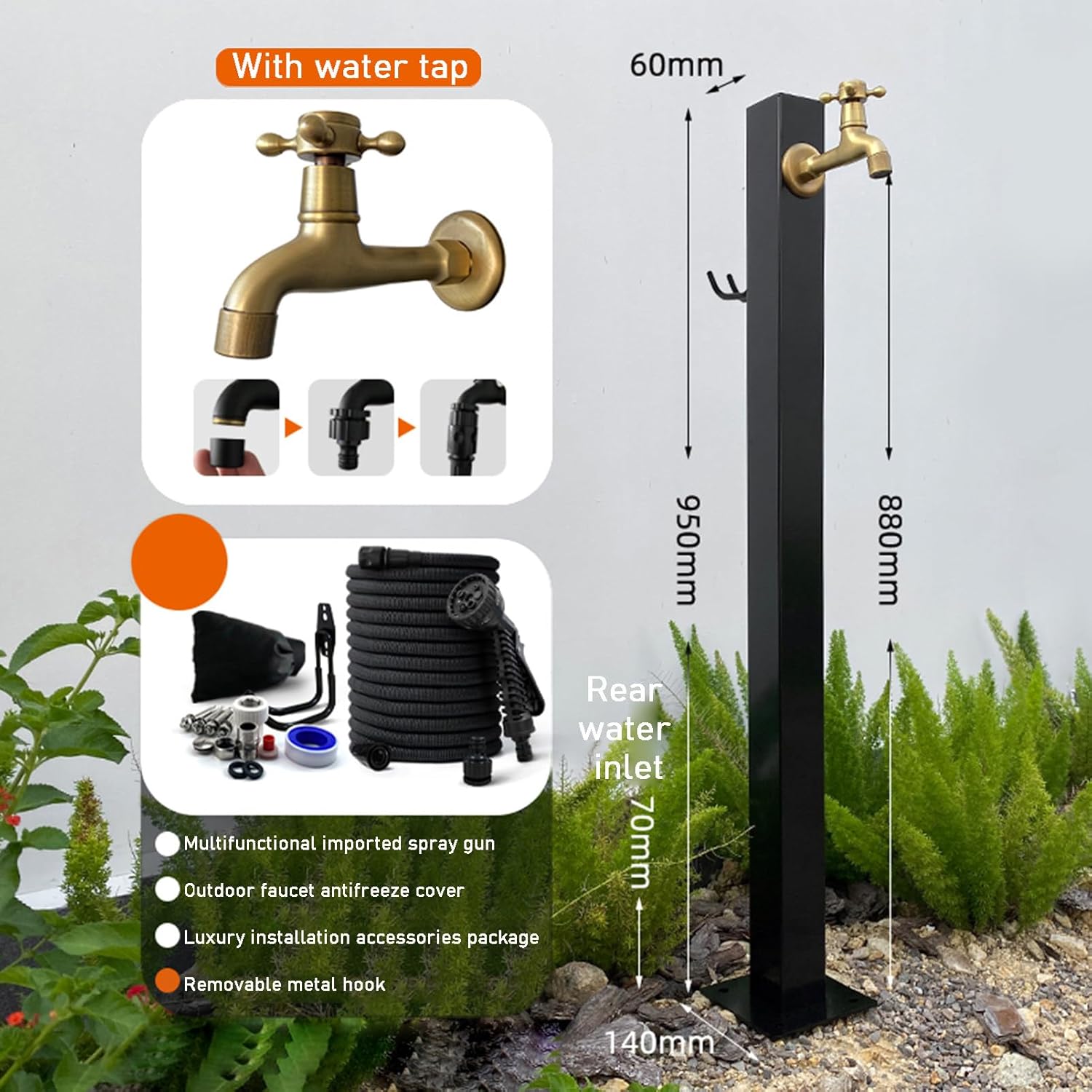 Stainless Steel Freestanding Garden Water Fountain with Hose Hanger, Hexagon Design, Anti-Freeze, Durable Outdoor Tap for Patio, Yard, and Lawn Decor