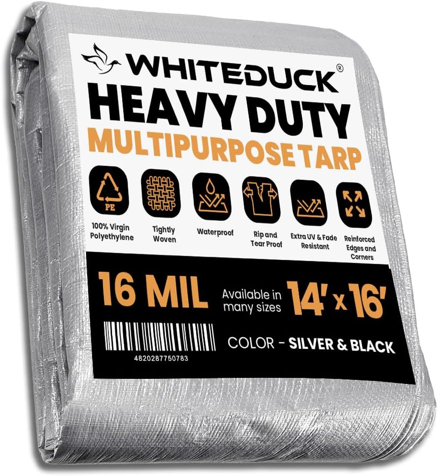 WHITEDUCK 14x16 Tarp 16 MIL Heavy Duty Poly Tarp Waterproof UV Resistant, True to Size, Rust-Proof Grommets, Tear & Rip Resistant, Extra Thick, Camping, Construction, Boat & Equipment Cover Silver Black- 16 Mil 14' x 16'