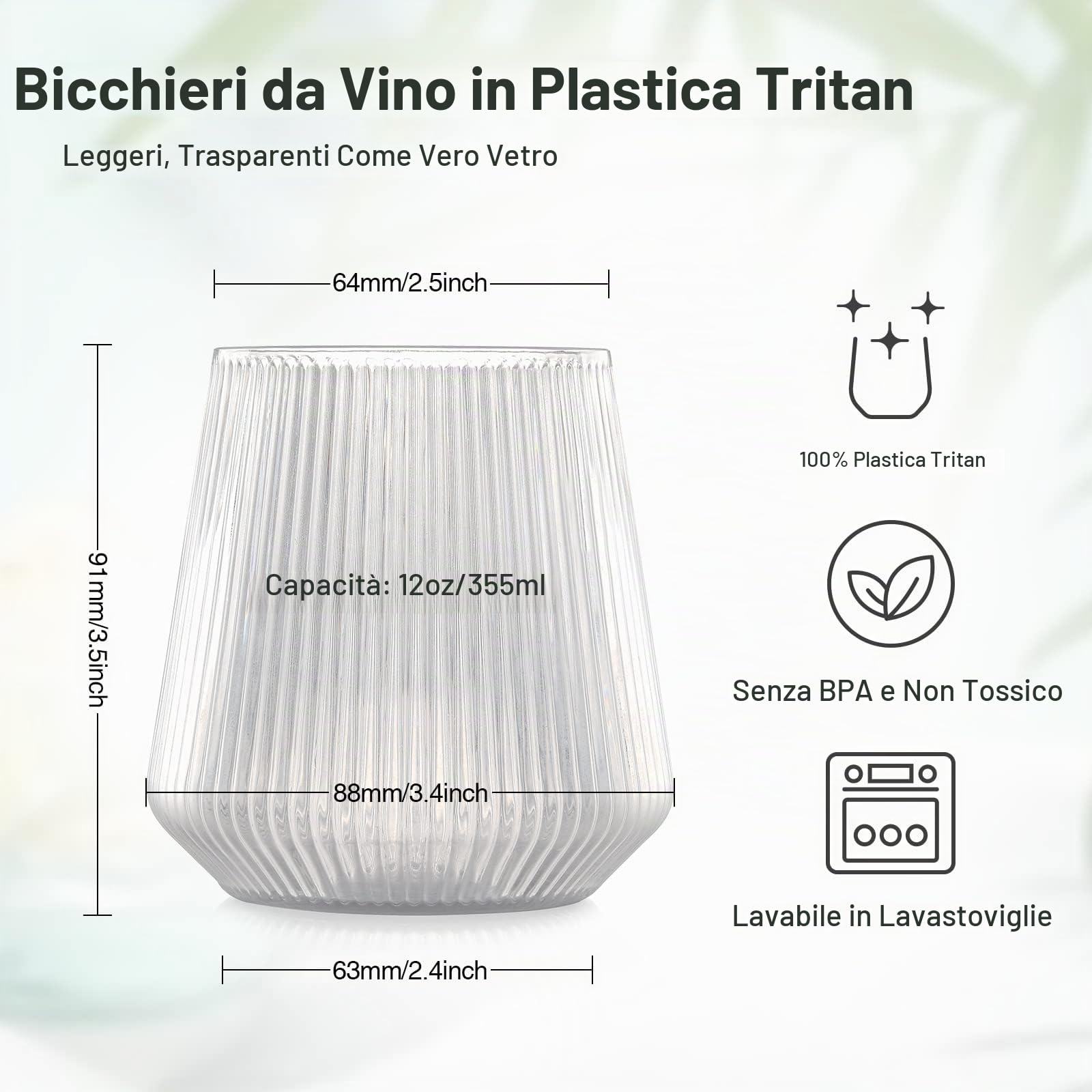 hotder Bicchiere da vino in plastica Tritan 355ml, tazza acqua, tazza succo Set 4 pezzi, lavabile in lavastoviglie, molto adatto per famiglie, campeggio, raduni, design verticale senza bisfeno
