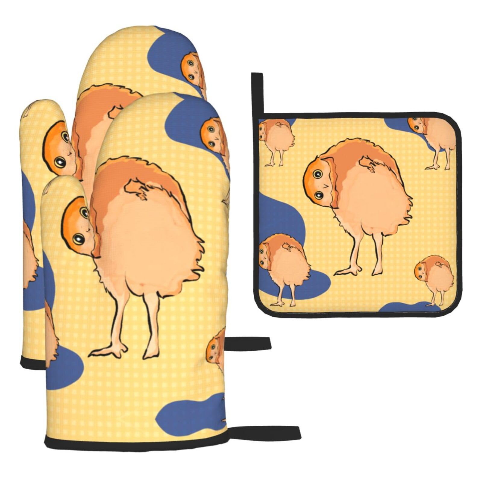Crooked Owl Oven mittens and oven mitts three-piece set suitable for oven, grilling, baking, microwave and home cooking.
