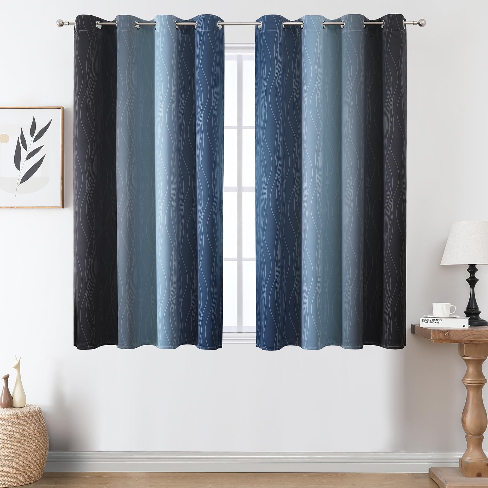 Verdunkelungsvorhänge & Vorhänge für Schlafzimmer, Ombré-Energiesparende Thermovorhänge, Wellenverlauf, geräuschreduzierend, Ösenvorhang für kleines Fenster, B 132 x L 137 cm, Marineblau und