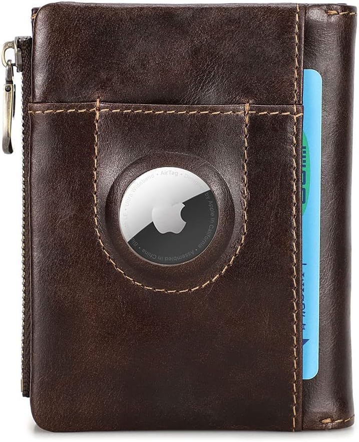 CONTACTS Bifold Wallet Leather AirTag Purse for Women Men Minimalist Small Coin Card Zipper Pocket with RFID Blocking (Coffee)