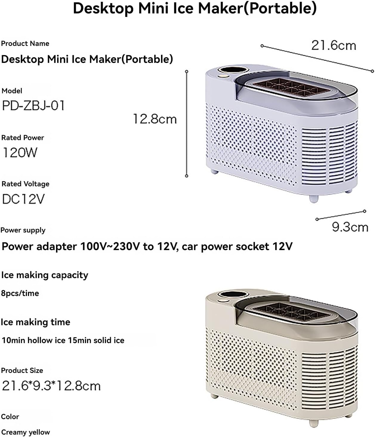 Ice Maker Machine,Portable Countertop Ice Maker Machine, 8 Cubes in 10 Mins, Compact Mini Ice Maker for Home/Camping/Car with DC 12V Adapter, Quiet Operation (Cream Colour)