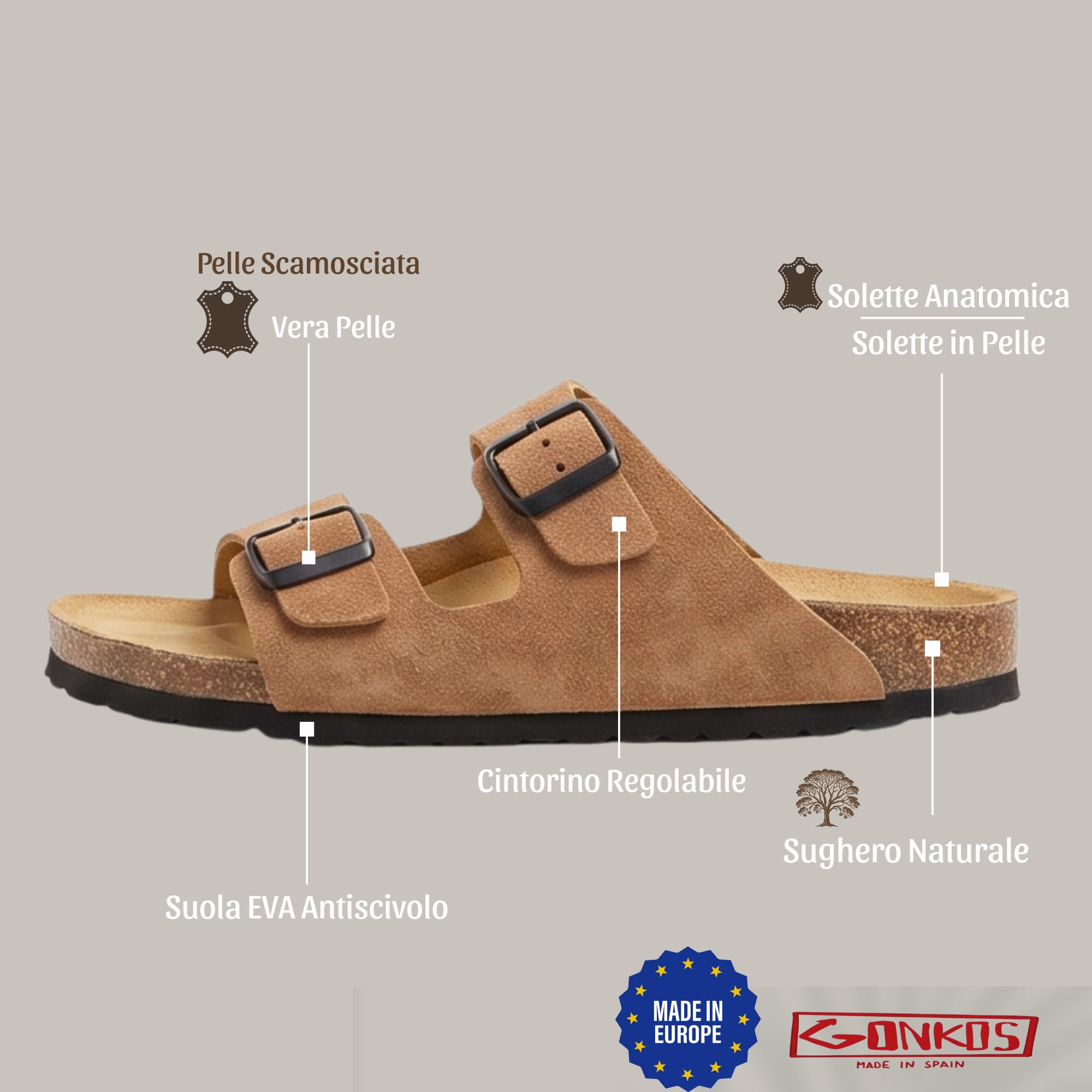 Sandali in Pelle con Fibbie, Vera Pelle, Sughero Naturale, Fibbie Regolabili sul Piede, Sandali Uomo/Donna, Suola Antiscivolo in EVA, Sandali di Qualità Made in Spain