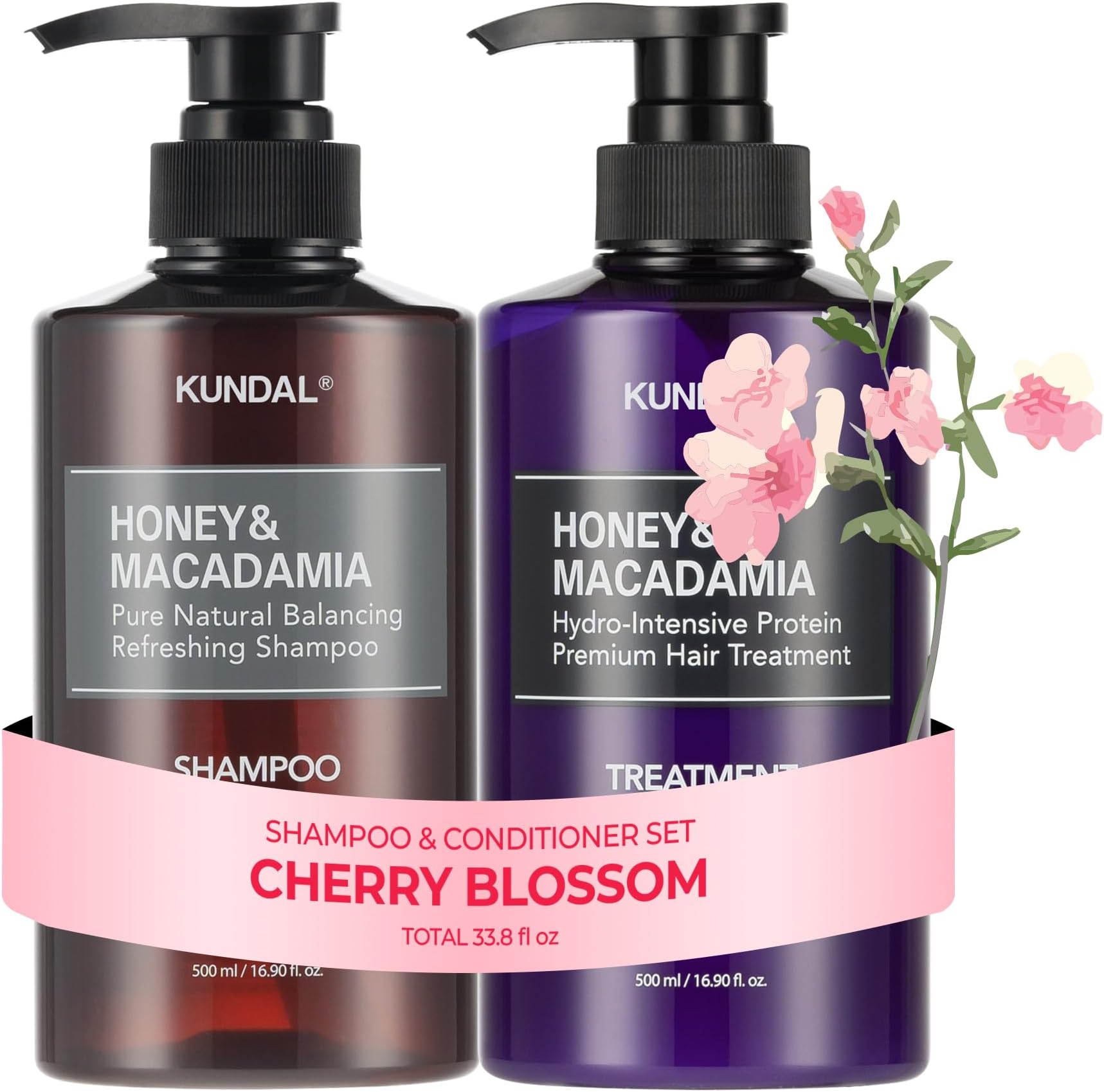 KUNDAL Korean Shampoo and Conditioner Set [Cherry Blossom] Salon-quality, Long Lasting Scent, Moisturizing, Sulfate-Free, Argan & Macadamia Oil, Korean Hair care,16.9 fl oz each