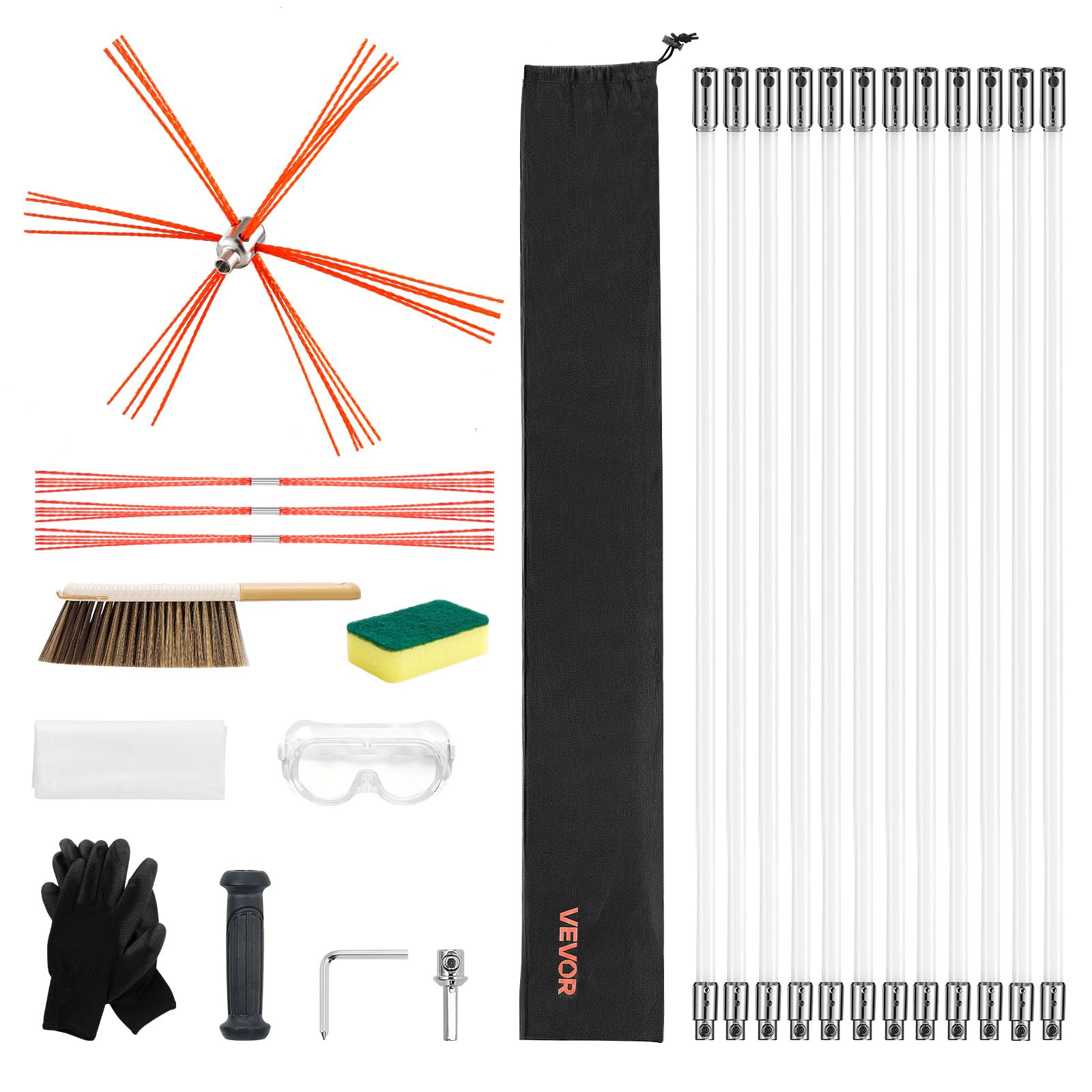 VEVOR Kit de Ramonage 12 m Brosse Cheminée Extensible Flexible 90° pour Conduits Carrés Rectangulaires