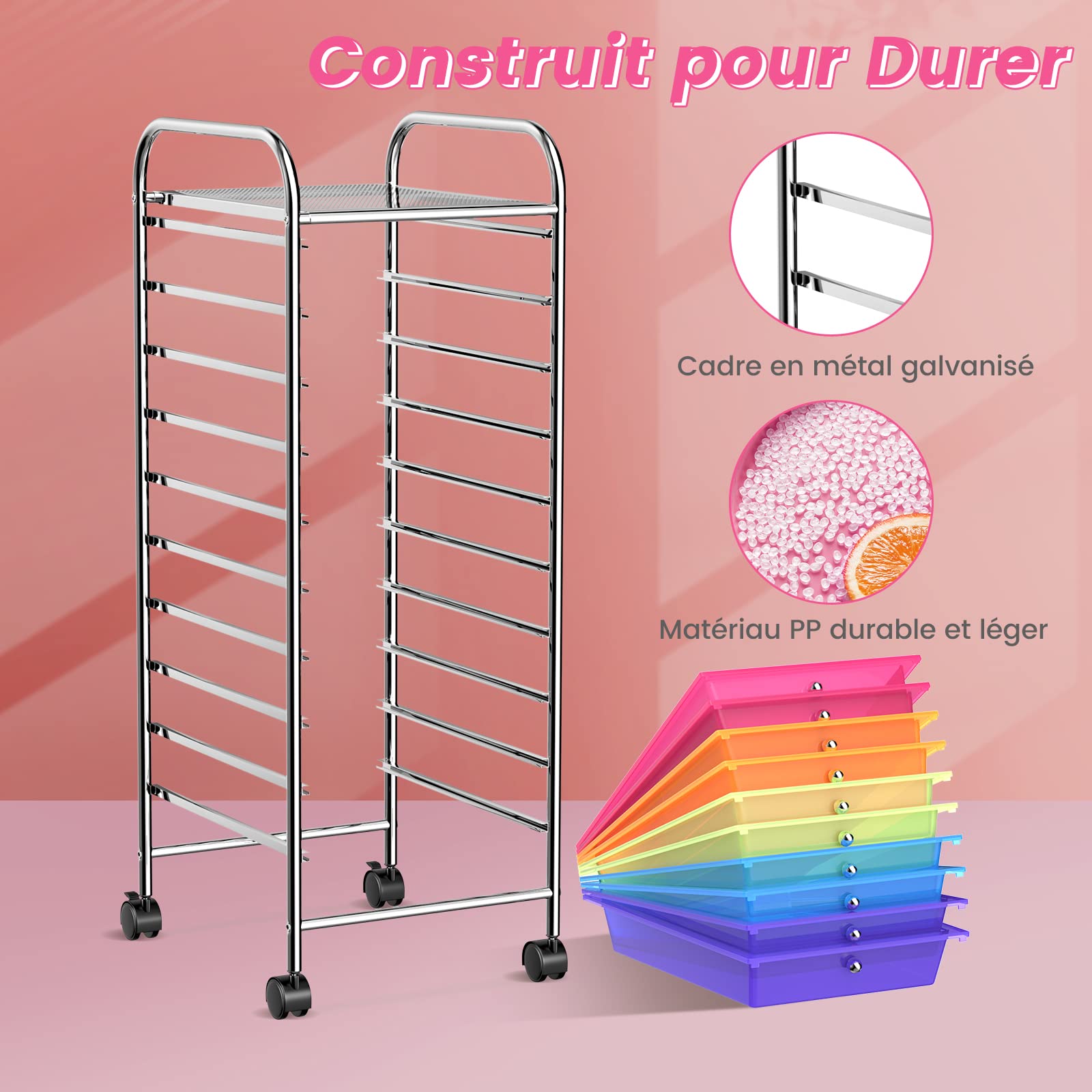 GOPLUS Chariot de Rangement à Roulettes avec 10 Tiroirs en PP, Tour de Rangement Mobile avec Poignée, Tablette Grand, Cadre en Métal, 37x33x86CM, Meuble Desserte pour Salle de Bain, Cuisine, Bureau