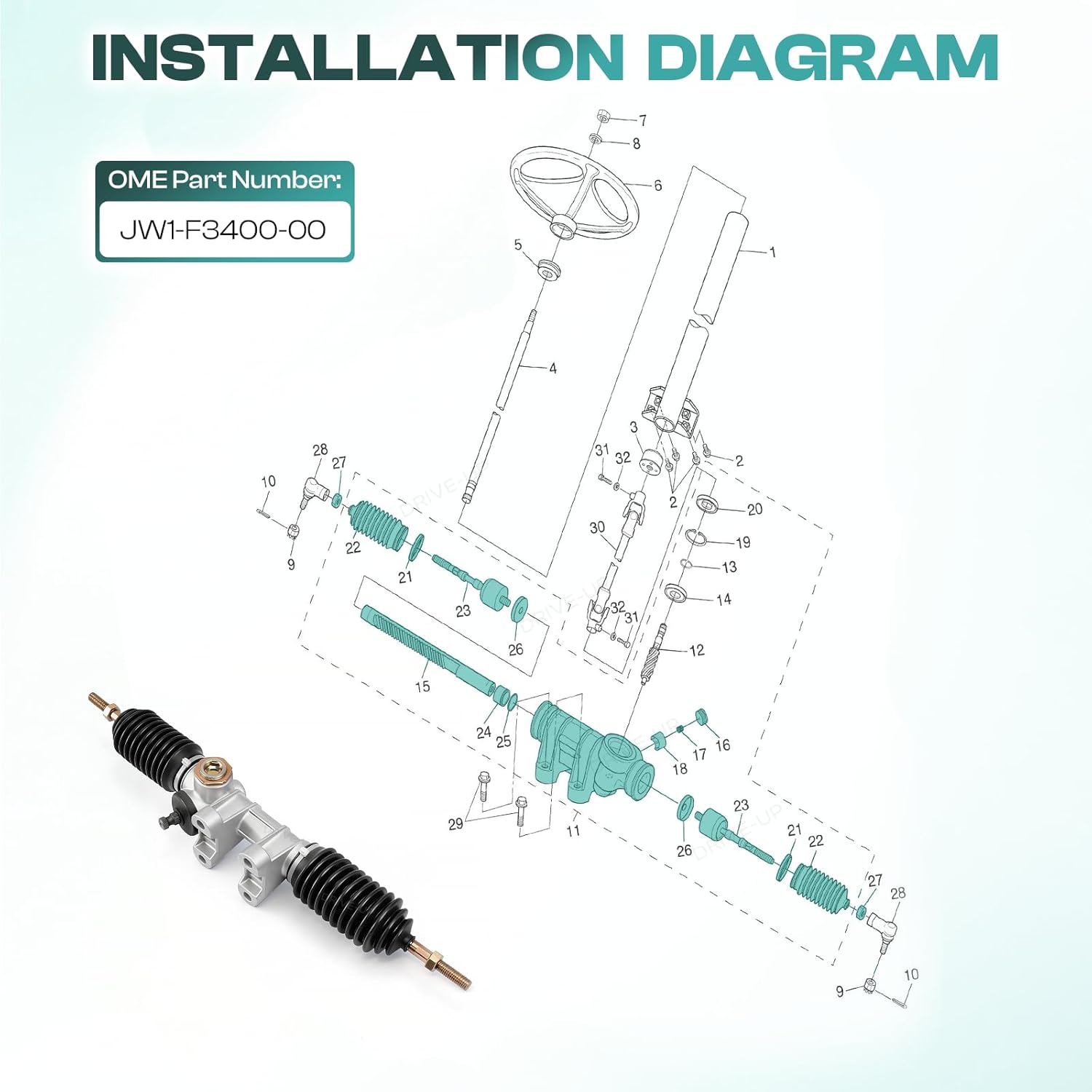 DRIVE UP G22/G29 Golf Cart Steering Gear Box Assembly, Golf Cart Steering Rack Suitable for Yamaha Drive G29/G22 Steering Box Gas and Electric Golf Carts, JW1-F3400-00, JU0-F387E-00