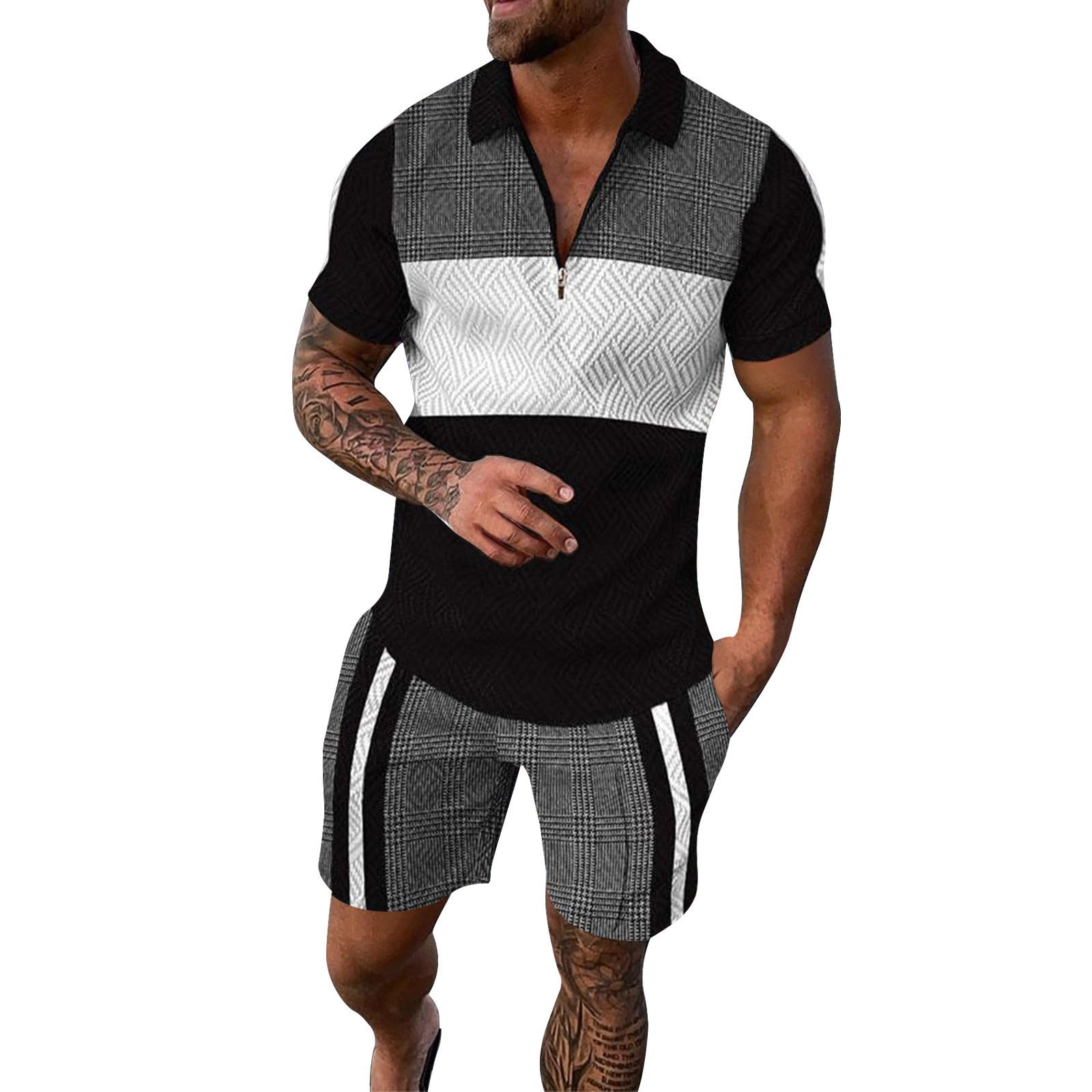 Herren Trainingsanzug Set 2-teilige Poloshirts Freizeitshorts Atmungsaktives Joggeranzug Drucken Funktionsanzug Herrenshirts Mode Sportshorts Reißverschluss Freizeitanzug für Outdoor
