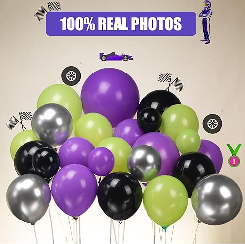 Miniatura 6 de Globo de camión verde, morado, negro y plateado con ruedas grandes, guirnalda de globos de Halloween, kit de arco de globos de carreras de coches de