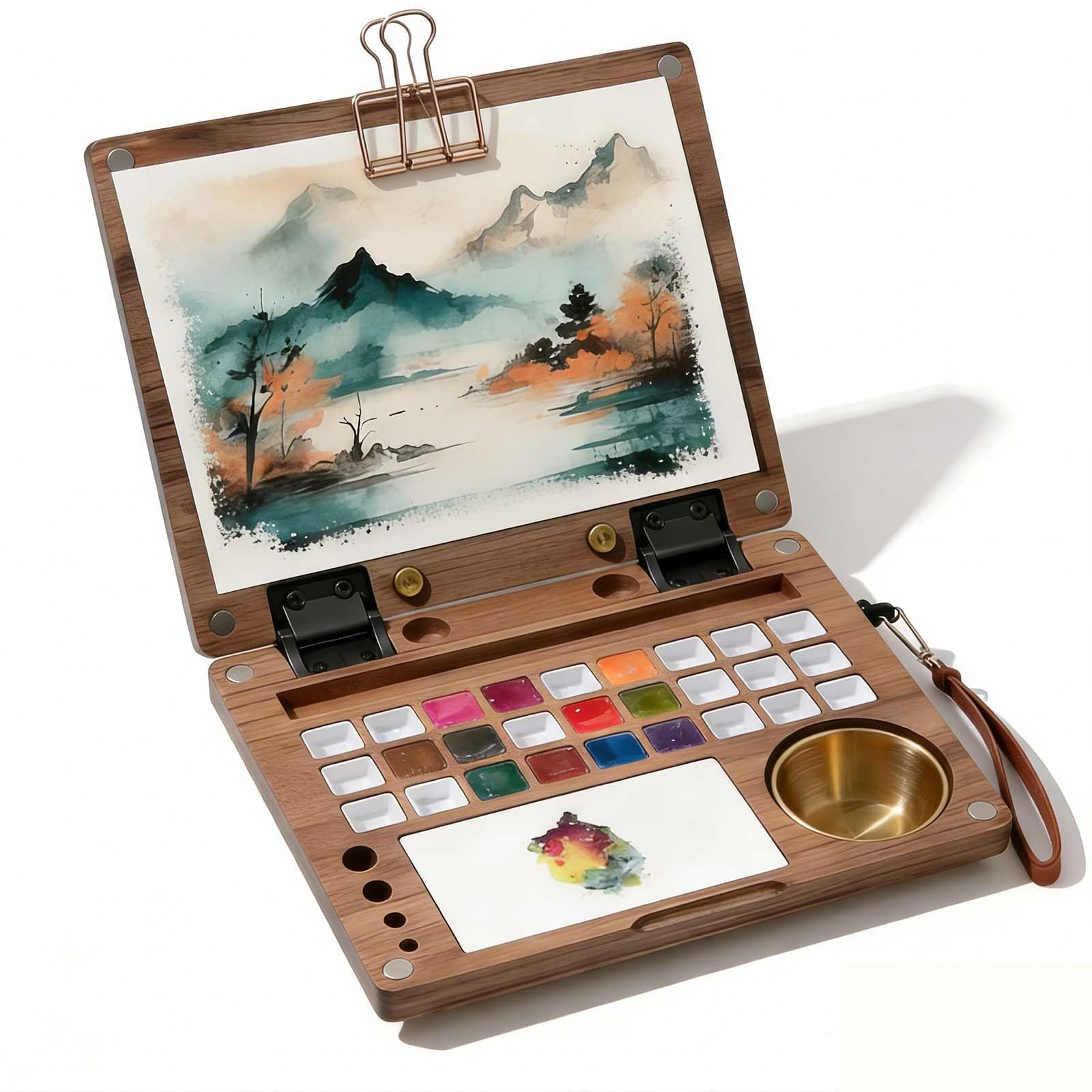 27 Wells Caja de Paleta de Acuarela de Nogal Negro con Taza de Cepillo, Conjunto de Pintura de Viaje portátil para Artistas de Aire Plein, Suministros de Arte de Madera de Cact con Correa y Clips