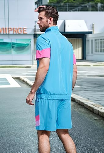 Miniatura 5 de UOUA Traje de los años 80 para hombre, disfraz de bloque de color de los años 90, conjunto de 2 piezas de chaqueta y pantalones cortos retro de