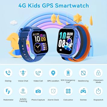 4G Kids Smart Watch Phone GPS, Smartwatch for Boys Girls Ages 4-12 Years with Video Call Chat Class Mode SOS Camera Alarm Games Parental App Touch Watch Gifts for Children (Includes SIM Card) Blue